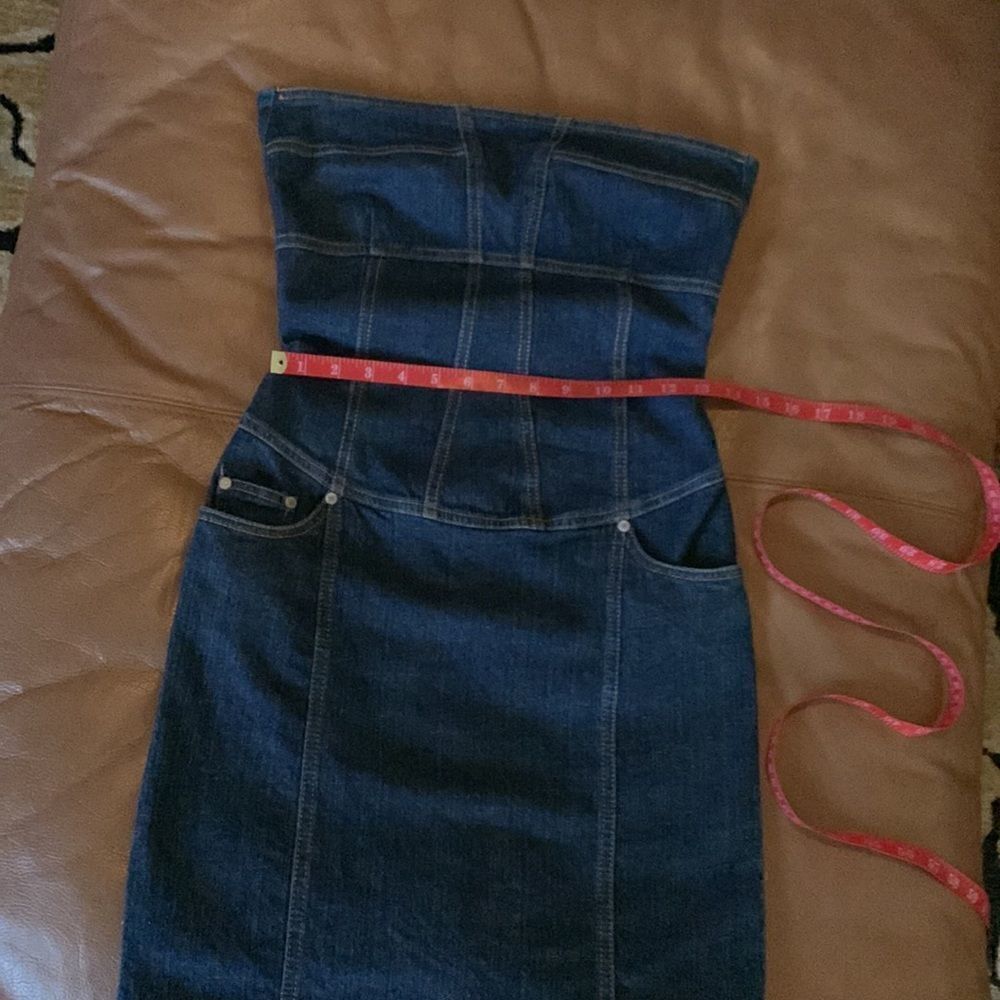 Premise Denim Blue Gold Strapless Pockets Zippered Back Woman’s Dress - Picture 14 of 16